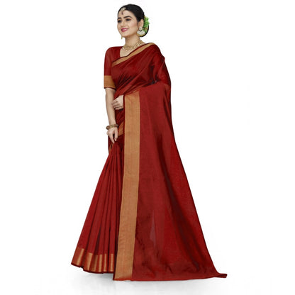 Roneclick Women's Cotton Silk Self Design Saree With Unstitched Blouse 5.5Mtr (Red)