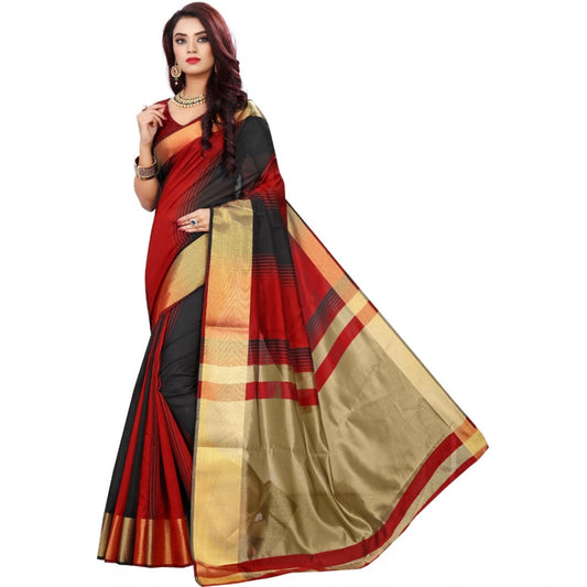 Roneclick Women's Jacquard Woven Saree With Unstitched Blouse 5.5Mtr (Red-Black)