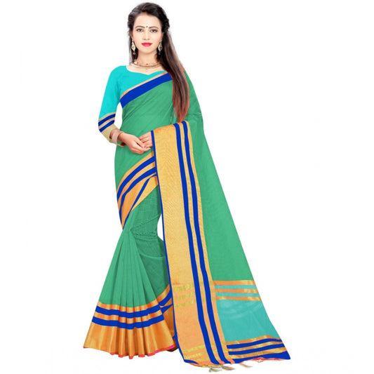 Roneclick Women's Jacquard Striped Saree With Unstitched Blouse 5.5Mtr (Green)