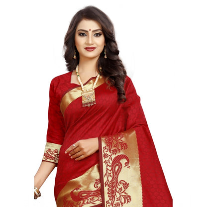 Roneclick Women's Jacquard Woven Saree With Unstitched Blouse 5.5Mtr (Red)