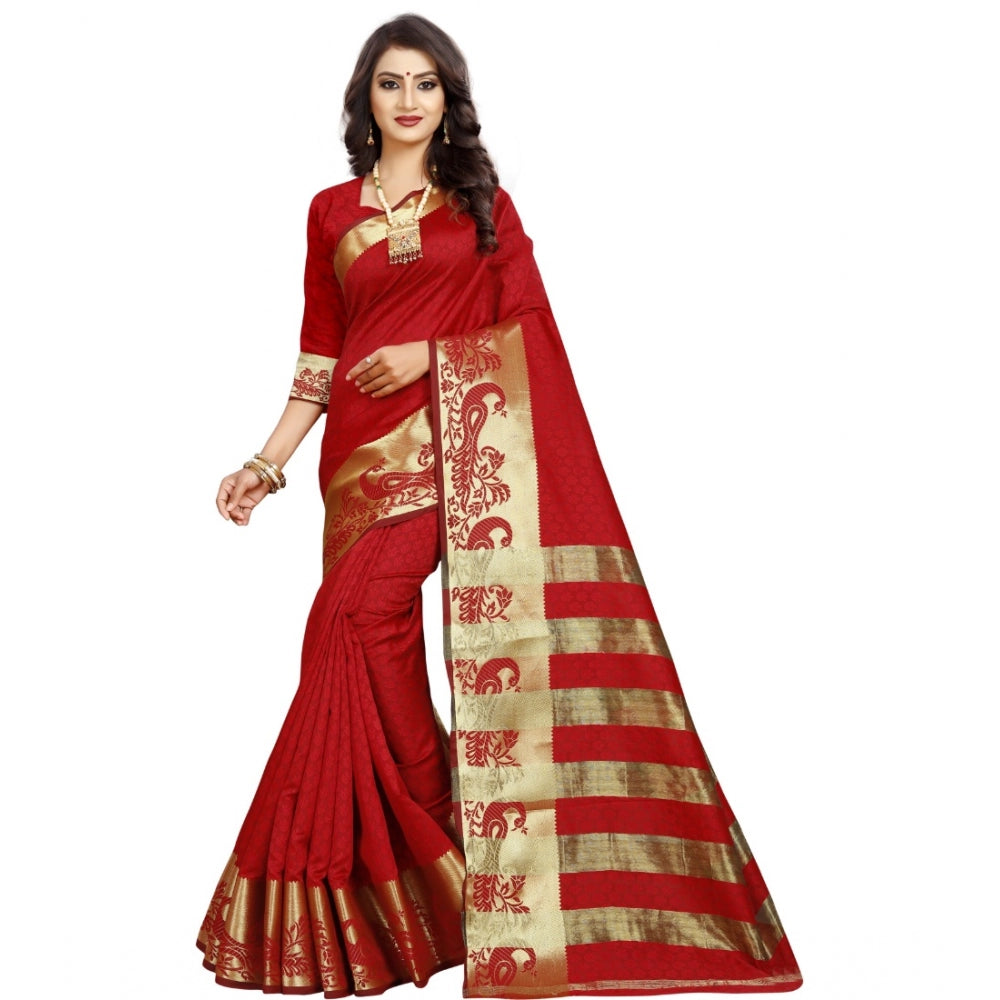 Roneclick Women's Jacquard Woven Saree With Unstitched Blouse 5.5Mtr (Red)