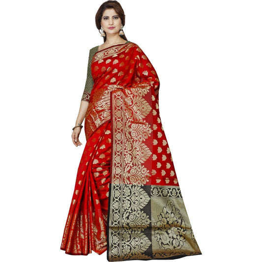 Roneclick Women's Jacquard Woven Saree With Unstitched Blouse 5.5Mtr (Red)