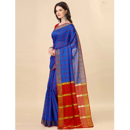 Roneclick Women's Cotton Silk Checkered Saree With Unstitched Blouse 5.5Mtr (Blue)