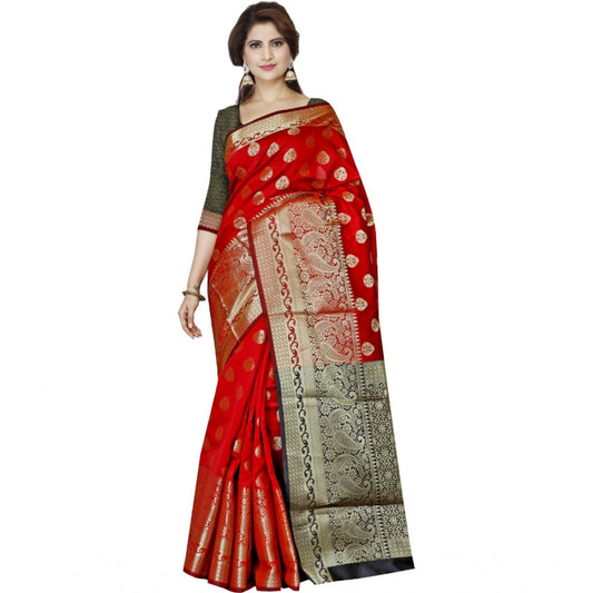 Roneclick Women's Jacquard Woven Saree With Unstitched Blouse 5.5Mtr (Red)