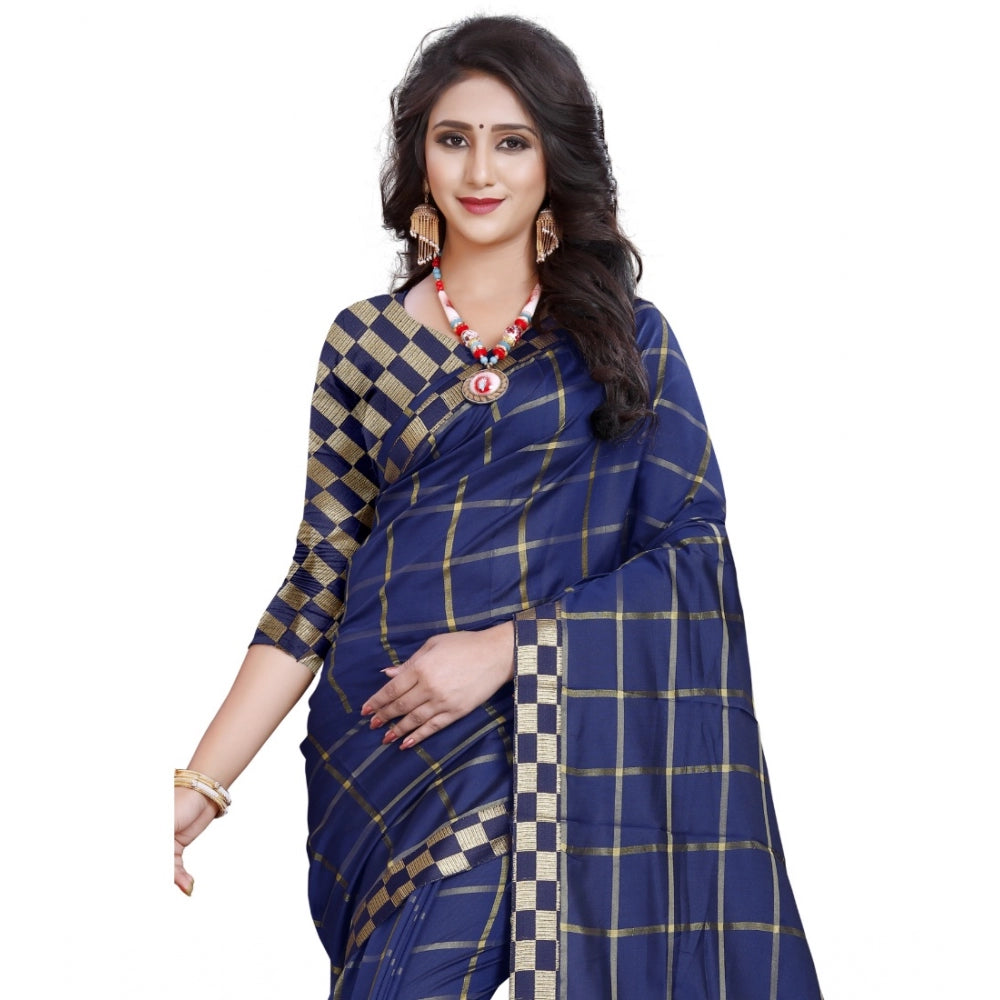 Roneclick Women's Cotton Silk Checkered Saree With Unstitched Blouse 5.5Mtr (Dark Blue)