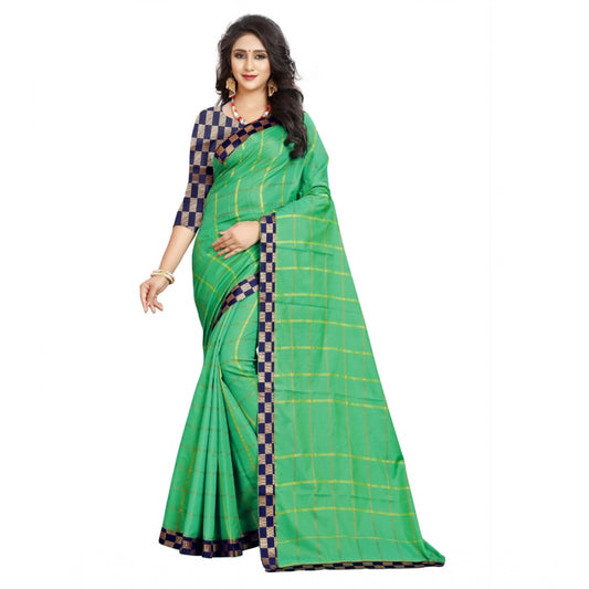 Roneclick Women's Cotton Silk Checkered Saree With Unstitched Blouse 5.5Mtr (Green)