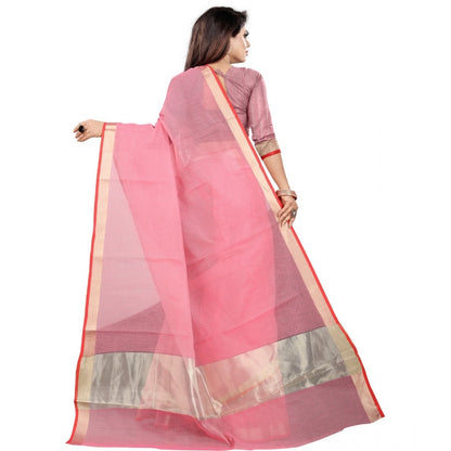 Roneclick Women's Cotton Silk Checkered Saree With Unstitched Blouse 5.5Mtr (Pink)