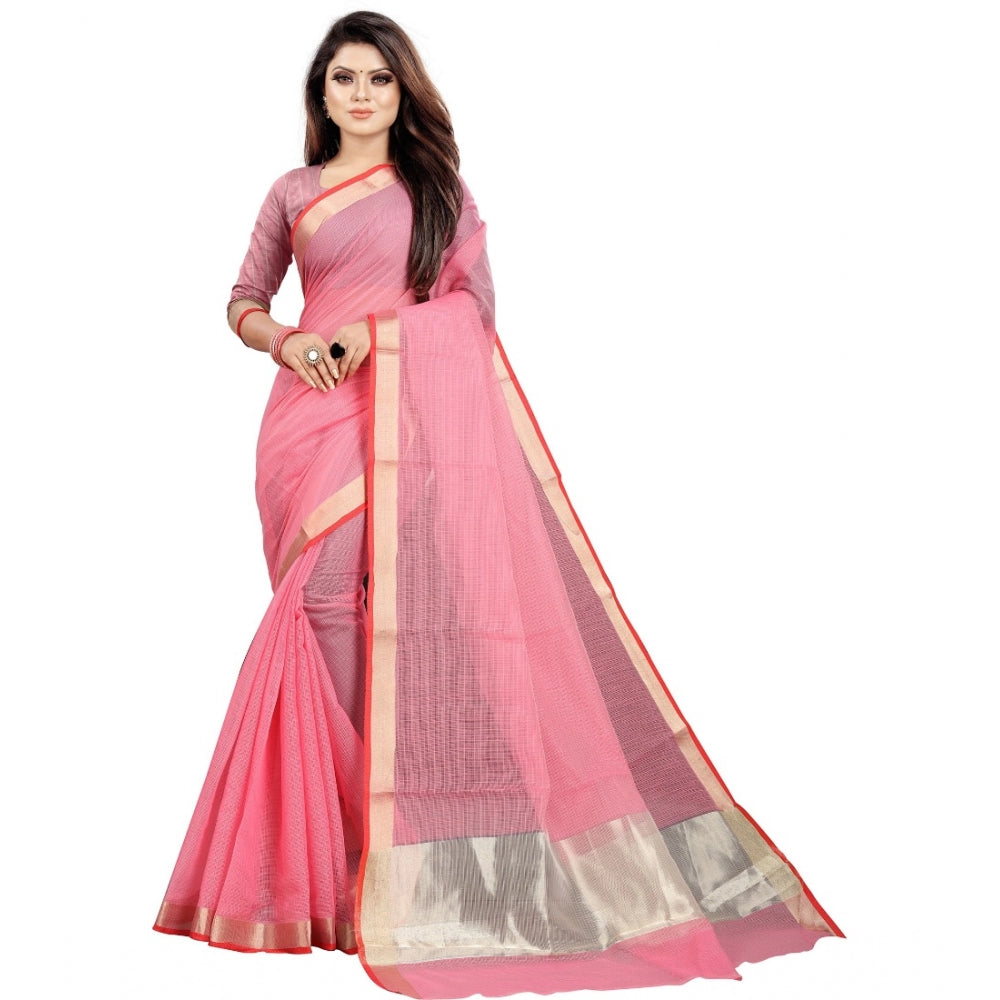 Roneclick Women's Cotton Silk Checkered Saree With Unstitched Blouse 5.5Mtr (Pink)