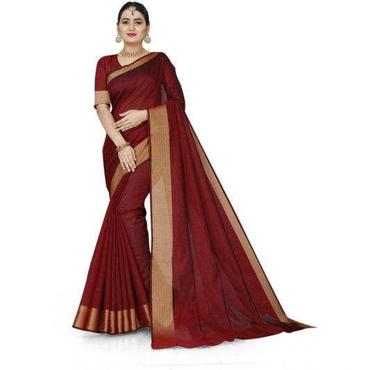 Roneclick Women's Cotton Silk Self Design Saree With Unstitched Blouse 5.5Mtr (Maroon)