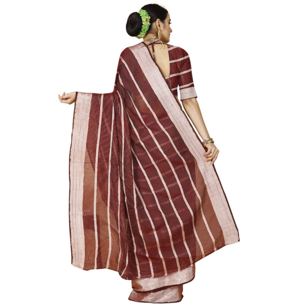 Roneclick Women's Cotton Silk Striped Saree With Unstitched Blouse 5.5Mtr (Red)