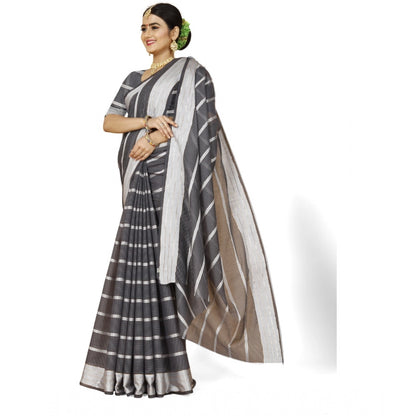 Roneclick Women's Cotton Silk Striped Saree With Unstitched Blouse 5.5Mtr (Grey)