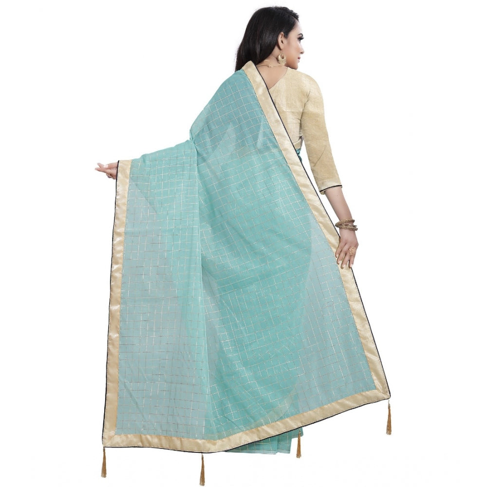 Roneclick Women's Cotton Silk Checkered Saree With Unstitched Blouse 5.5Mtr (Blue)