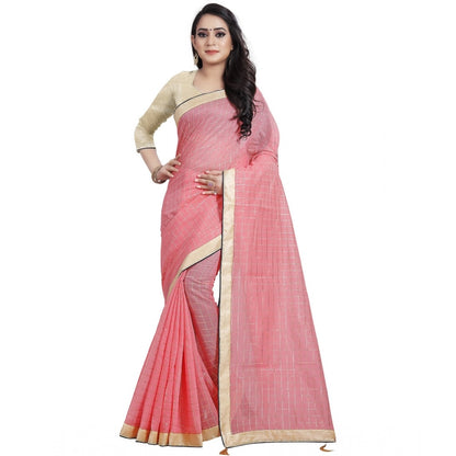 Roneclick Women's Cotton Silk Checkered Saree With Unstitched Blouse 5.5Mtr (Pink)