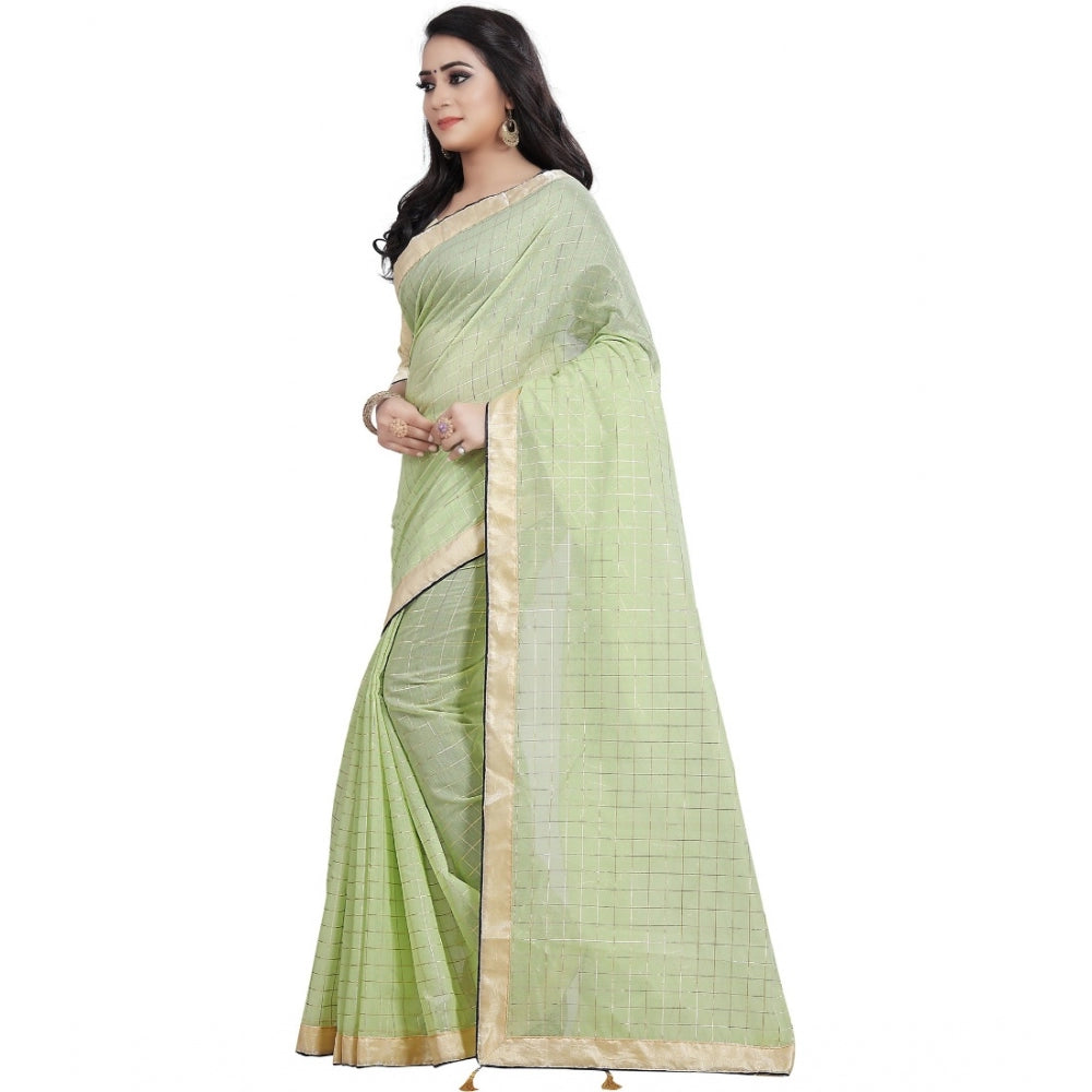 Roneclick Women's Cotton Silk Checkered Saree With Unstitched Blouse 5.5Mtr (Light Green)