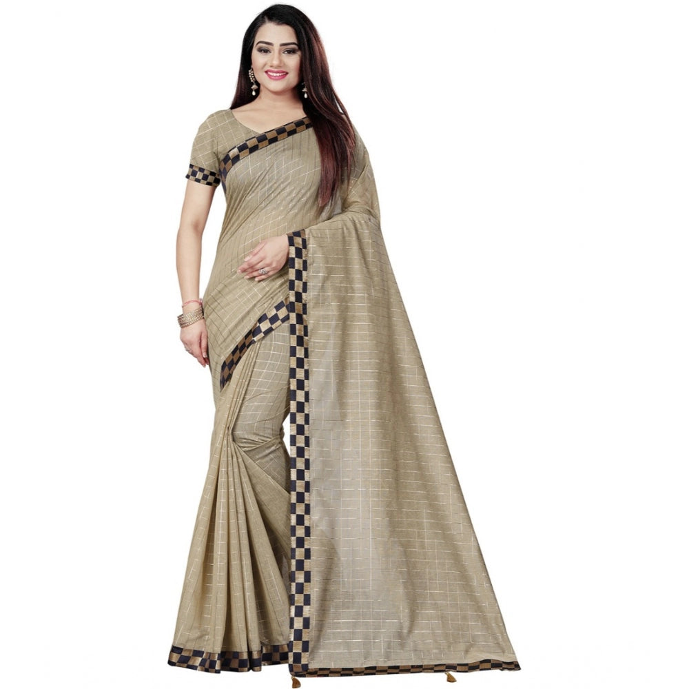 Roneclick Women's Cotton Silk Checkered Saree With Unstitched Blouse 5.5Mtr (Cream)