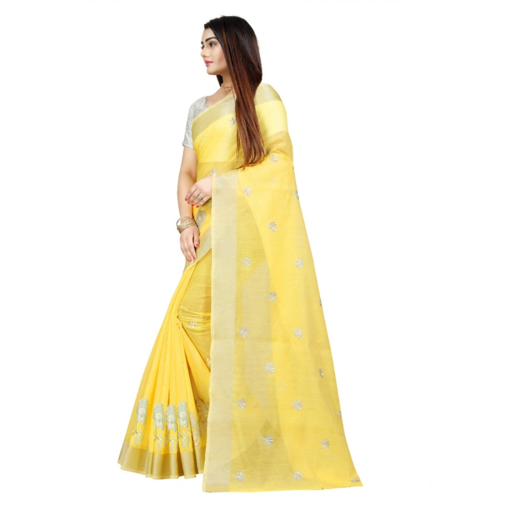 Roneclick Women's Cotton Silk Embroidered Saree With Unstitched Blouse 5.5Mtr (Yellow)