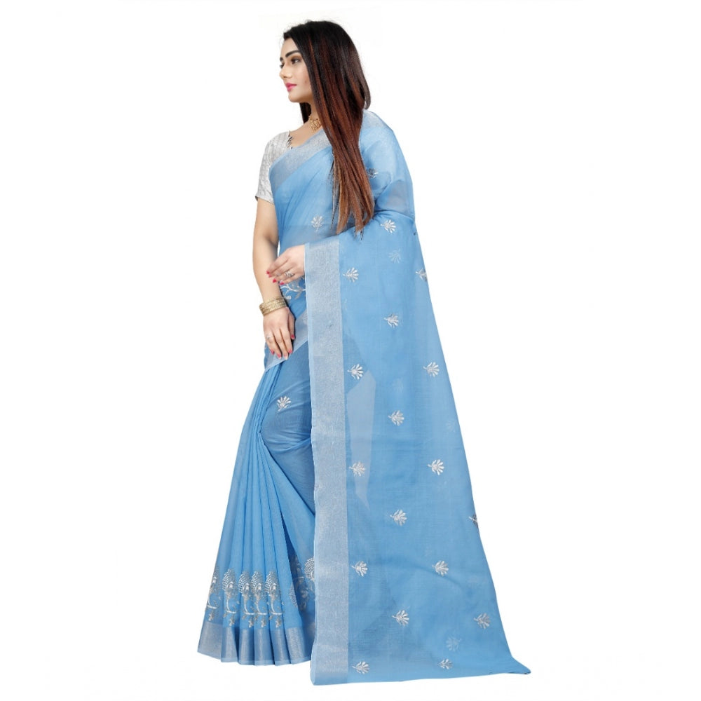 Roneclick Women's Cotton Silk Embroidered Saree With Unstitched Blouse 5.5Mtr (Light Blue)