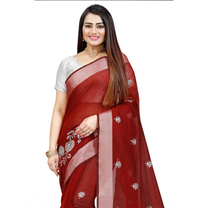 Roneclick Women's Cotton Silk Embroidered Saree With Unstitched Blouse 5.5Mtr (Maroon)