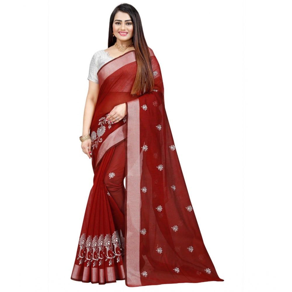 Roneclick Women's Cotton Silk Embroidered Saree With Unstitched Blouse 5.5Mtr (Maroon)