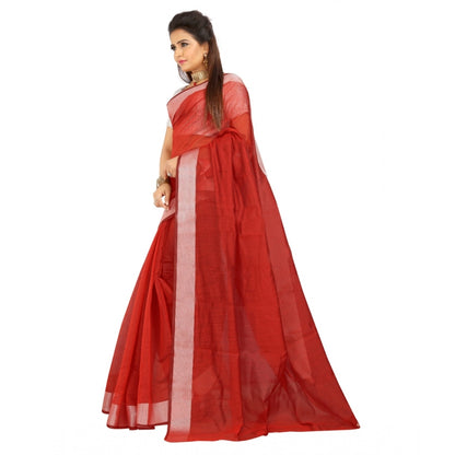 Roneclick Women's Cotton Silk Self Design Saree With Unstitched Blouse 5.5Mtr (Red)