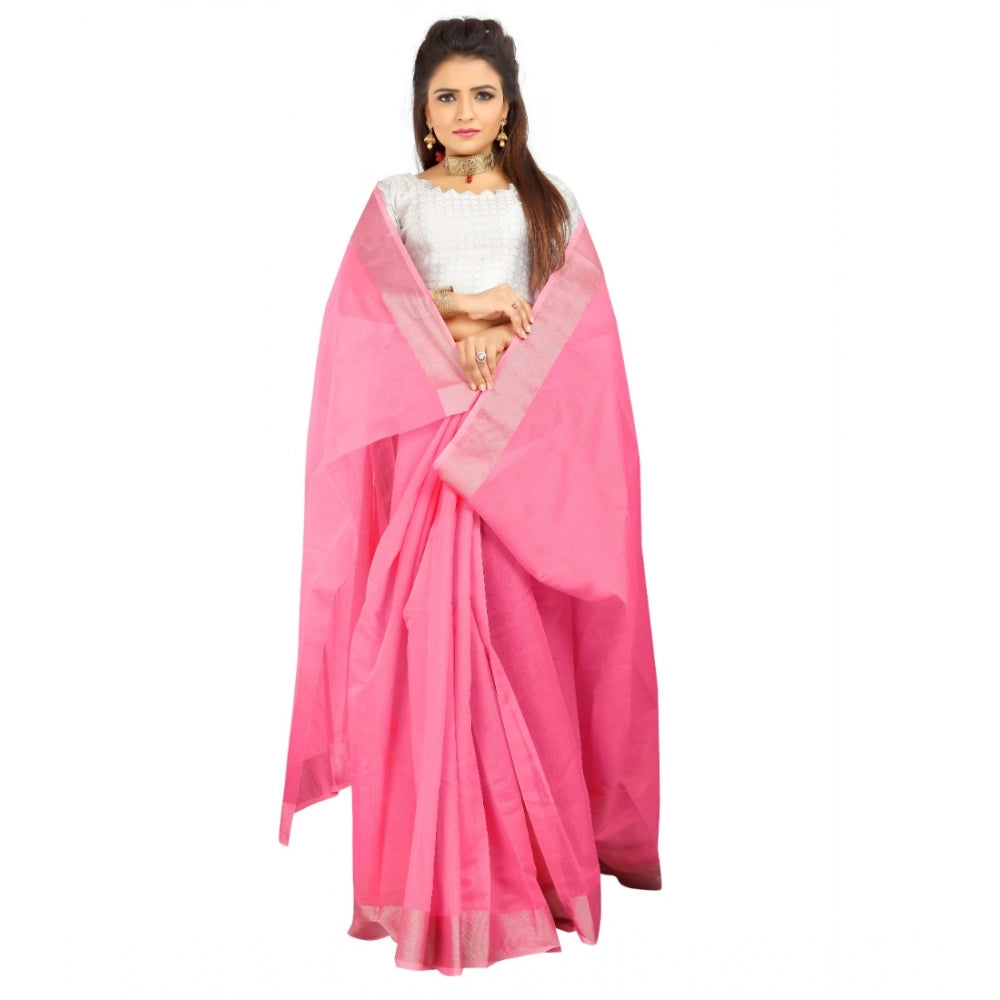 Roneclick Women's Cotton Silk Self Design Saree With Unstitched Blouse 5.5Mtr (Pink)