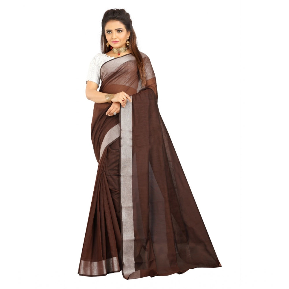 Roneclick Women's Cotton Silk Self Design Saree With Unstitched Blouse 5.5Mtr (Brown)