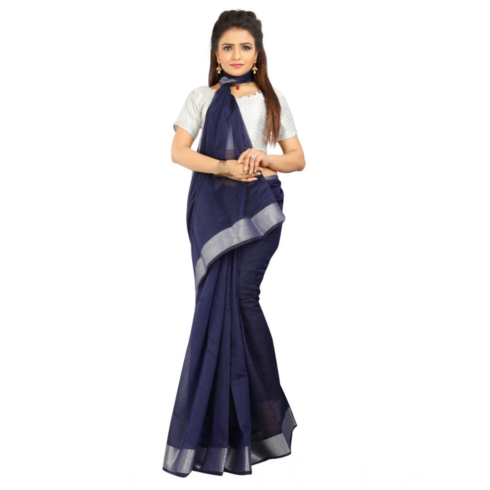 Roneclick Women's Cotton Silk Self Design Saree With Unstitched Blouse 5.5Mtr (Blue)