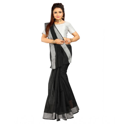 Roneclick Women's Cotton Silk Self Design Saree With Unstitched Blouse 5.5Mtr (Black)