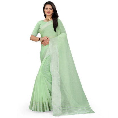 Roneclick Women's Cotton Jute Self Design Saree With Unstitched Blouse 5.5Mtr (Green)