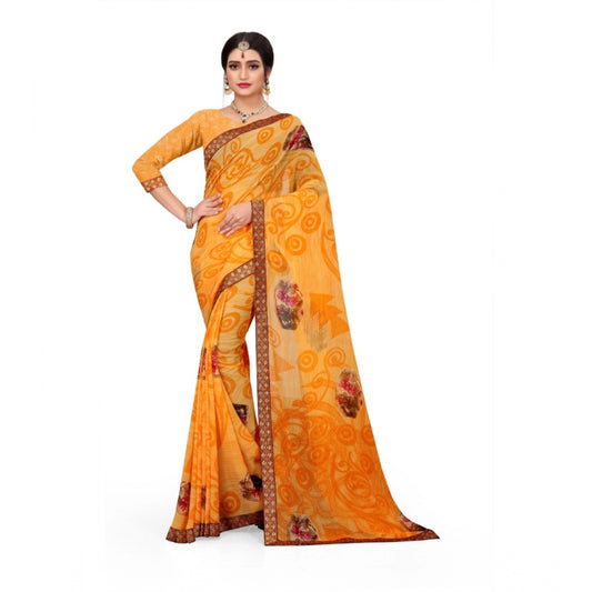 Roneclick Women's Georgette Floral Print Saree With Unstitched Blouse 5.5Mtr (Mustard)