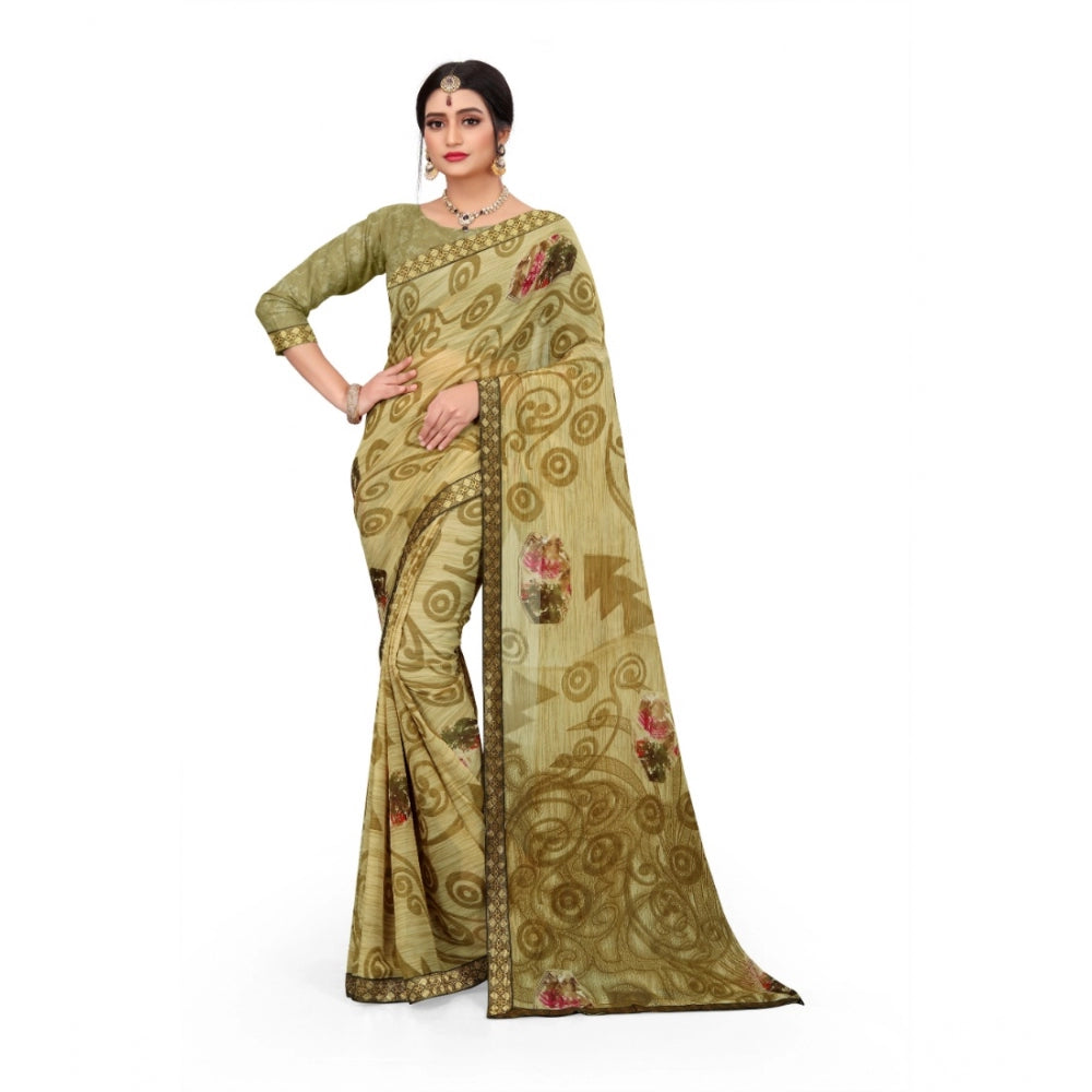 Roneclick Women's Georgette Floral Print Saree With Unstitched Blouse 5.5Mtr (Brown)