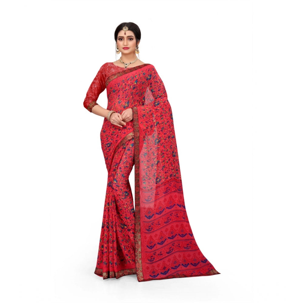 Roneclick Women's Georgette Floral Print Saree With Unstitched Blouse 5.5Mtr (Red)