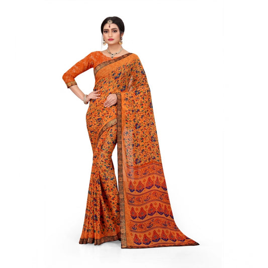 Roneclick Women's Georgette Floral Print Saree With Unstitched Blouse 5.5Mtr (Orange)