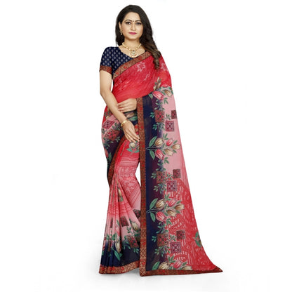 Roneclick Women's Georgette Floral Print Saree With Unstitched Blouse 5.5Mtr (Red-Blue)