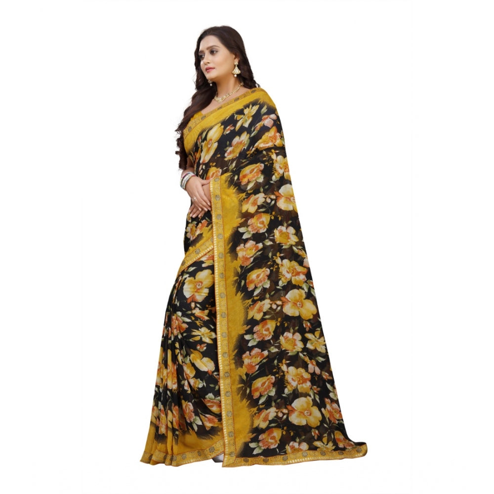 Roneclick Women's Georgette Floral Print Saree With Unstitched Blouse 5.5Mtr (Black-Mustard)