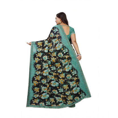 Roneclick Women's Georgette Floral Print Saree With Unstitched Blouse 5.5Mtr (Blue-Black)