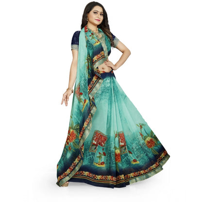 Roneclick Women's Georgette Floral Print Saree With Unstitched Blouse 5.5Mtr (Light Blue)