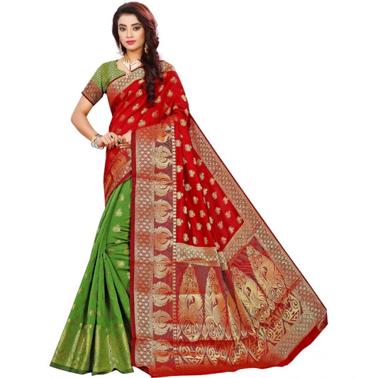 Roneclick Women's Jacquard Woven Saree With Unstitched Blouse 5.5Mtr (Red)