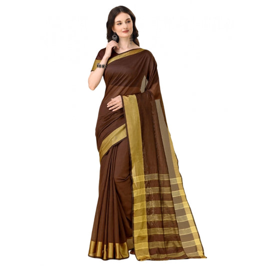 Roneclick Women's Cotton Silk Striped Saree With Unstitched Blouse 5.5Mtr (Brown)