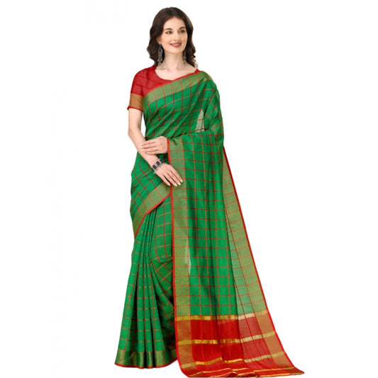 Roneclick Women's Cotton Silk Checkered Saree With Unstitched Blouse 5.5Mtr (Dark Green)