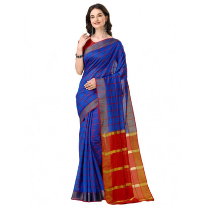 Roneclick Women's Cotton Silk Checkered Saree With Unstitched Blouse 5.5Mtr (Blue)