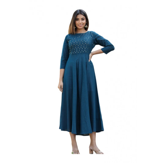 Roneclick Women's Cotton Solid 3/4 Sleeve Round Neck Kurti (Blue)