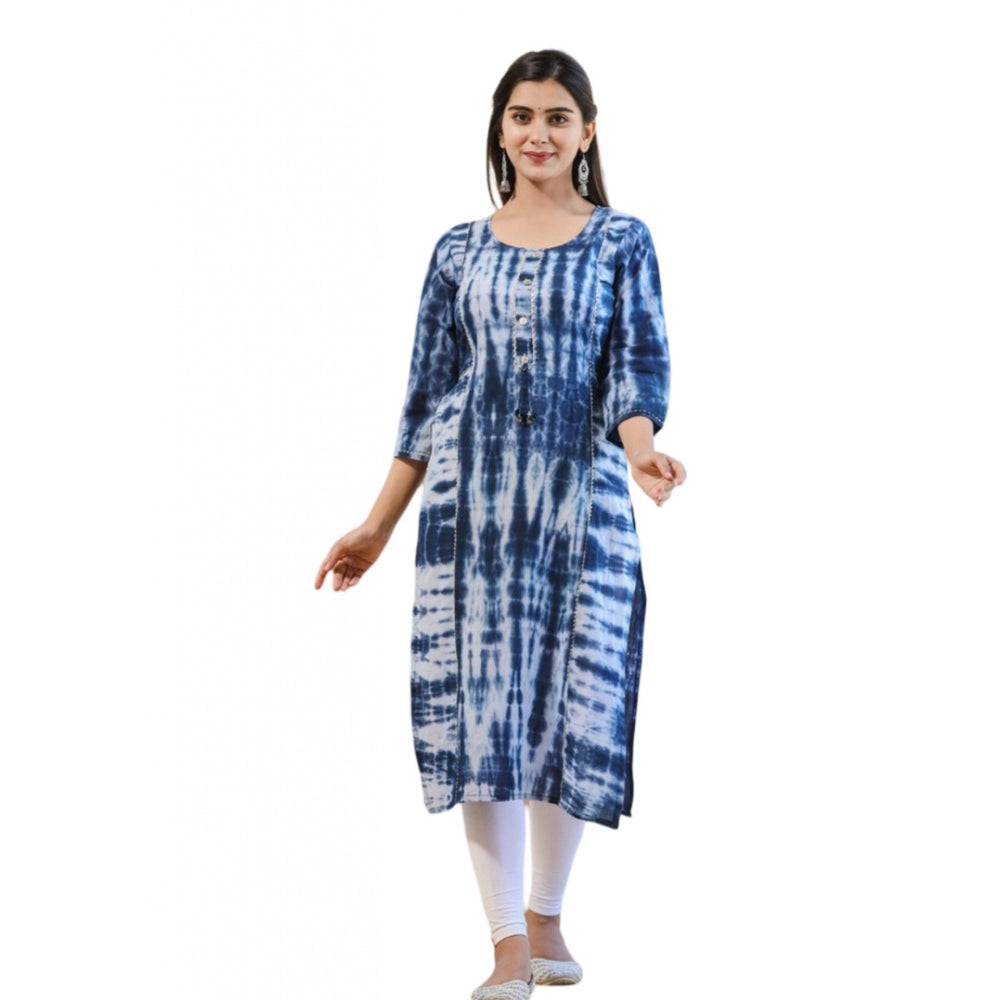 Roneclick Women's Cotton Dyed 3/4 Sleeve Round Neck Kurti (Blue)