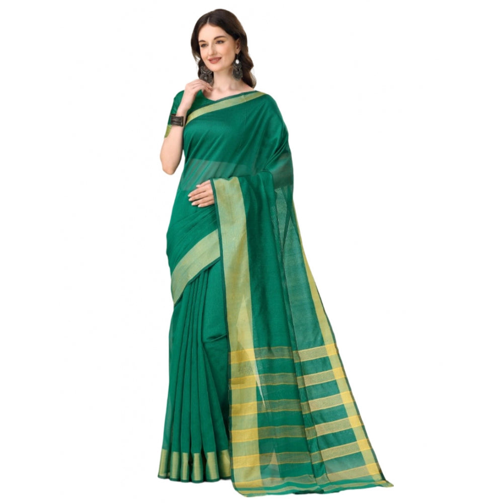 Roneclick Women's Cotton Silk Striped Saree With Unstitched Blouse 5.5Mtr (Light Green)