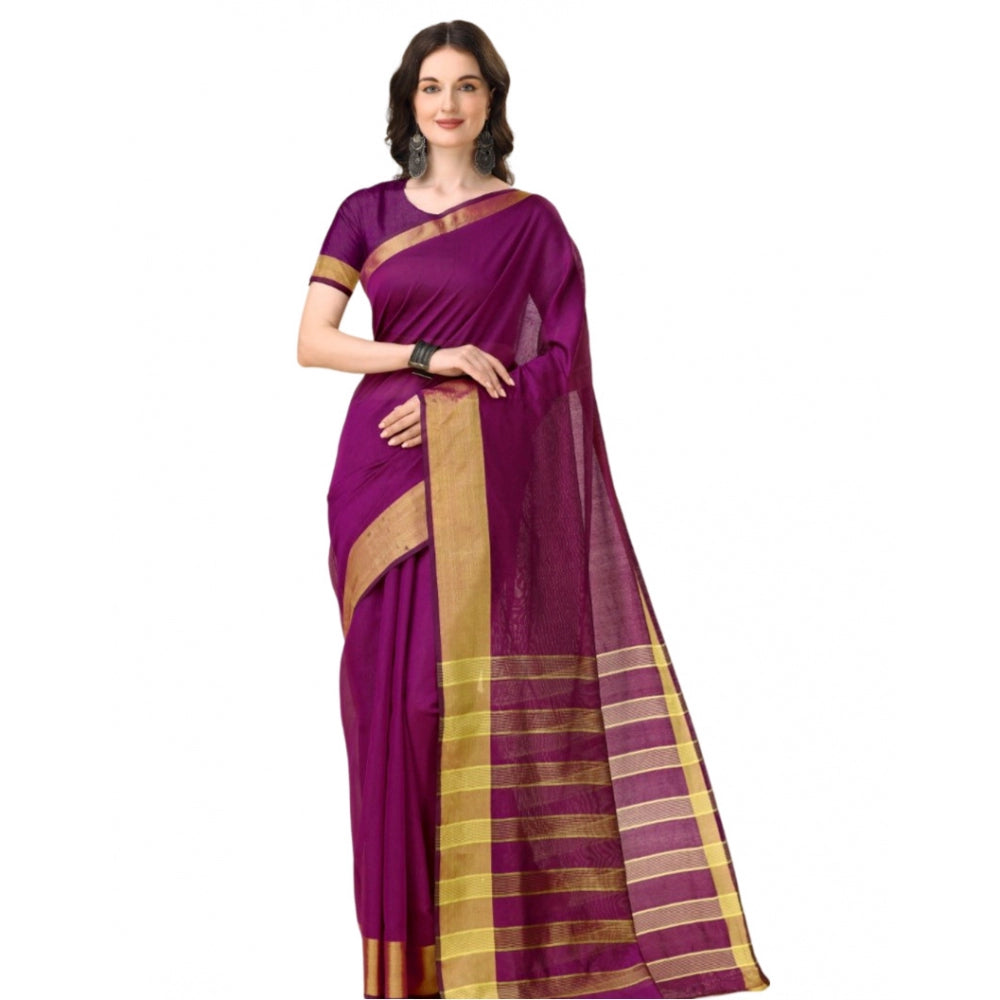 Roneclick Women's Cotton Silk Striped Saree With Unstitched Blouse 5.5Mtr (Purple)