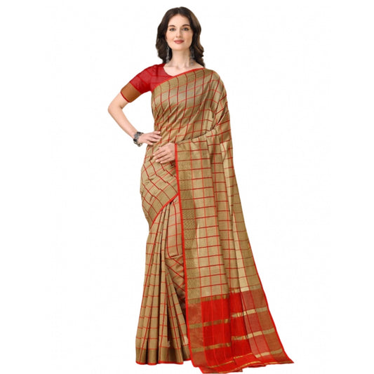 Roneclick Women's Cotton Silk Checkered Saree With Unstitched Blouse 5.5Mtr (Brown)