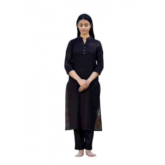 Roneclick Women's Cotton Solid 3/4 Sleeve Mandarin collar Kurti (Black)