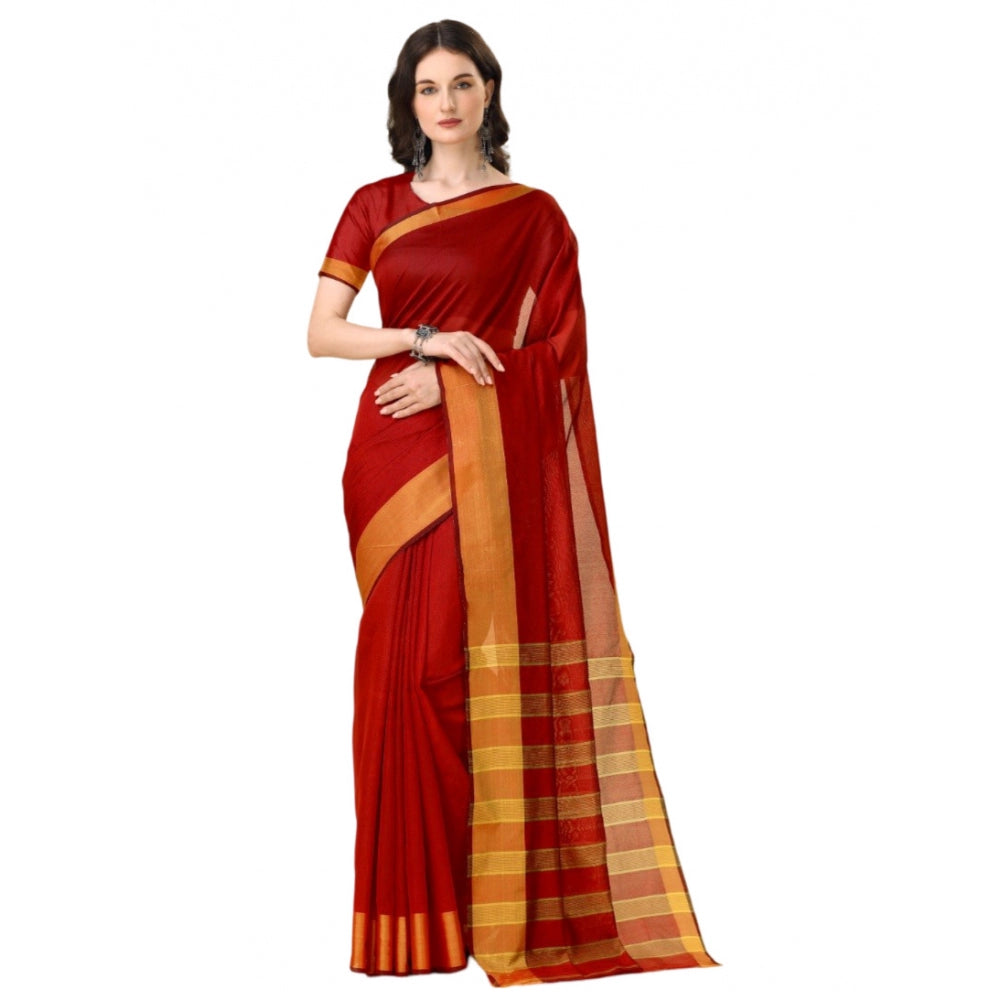 Roneclick Women's Cotton Silk Striped Saree With Unstitched Blouse 5.5Mtr (Red)