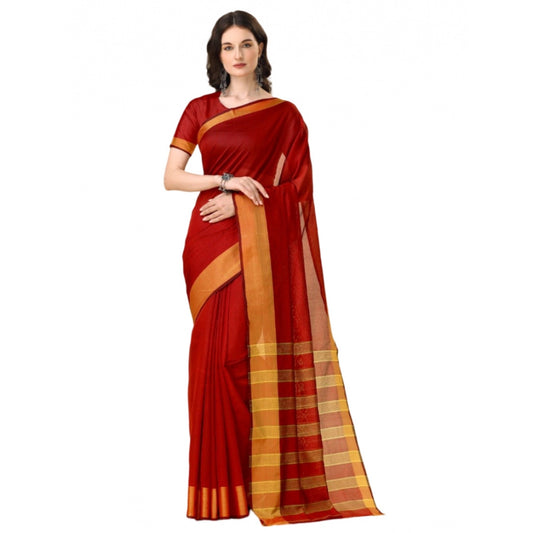 Roneclick Women's Cotton Silk Striped Saree With Unstitched Blouse 5.5Mtr (Red)