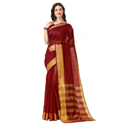 Roneclick Women's Cotton Silk Striped Saree With Unstitched Blouse 5.5Mtr (Maroon)